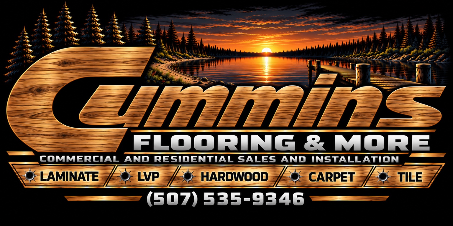 Cummins Flooring & More — commercial and residential sales and installation. Woodgrain lettering over a lake sunset. Call (507) 535-9346.